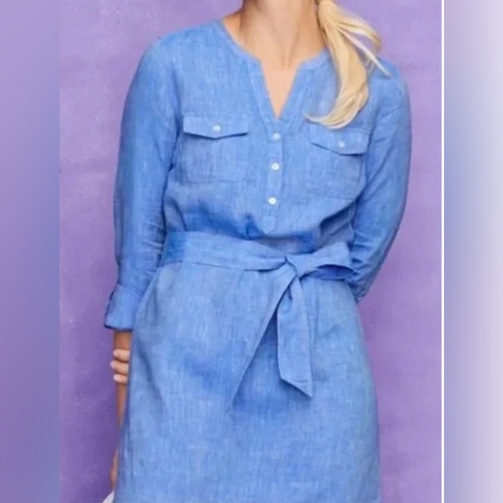 Talbots 100% linen dress knee length tie waist v-neck roll tab long sleeves MP